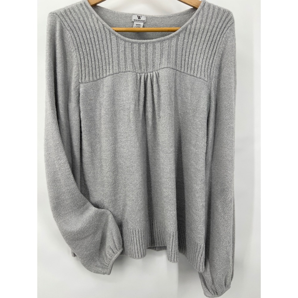 Worthington Silver Metallic Knit Sweater Women‎ L Ribbed Yoke Balloon Sleeve